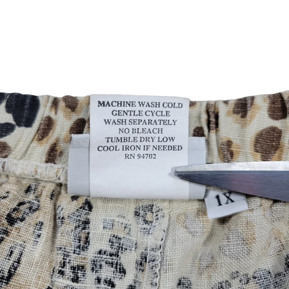 Hot Cotton 100% Linen Pants Womens 1X Brown Animal Print Pull On Cropped Casual - Picture 8 of 11